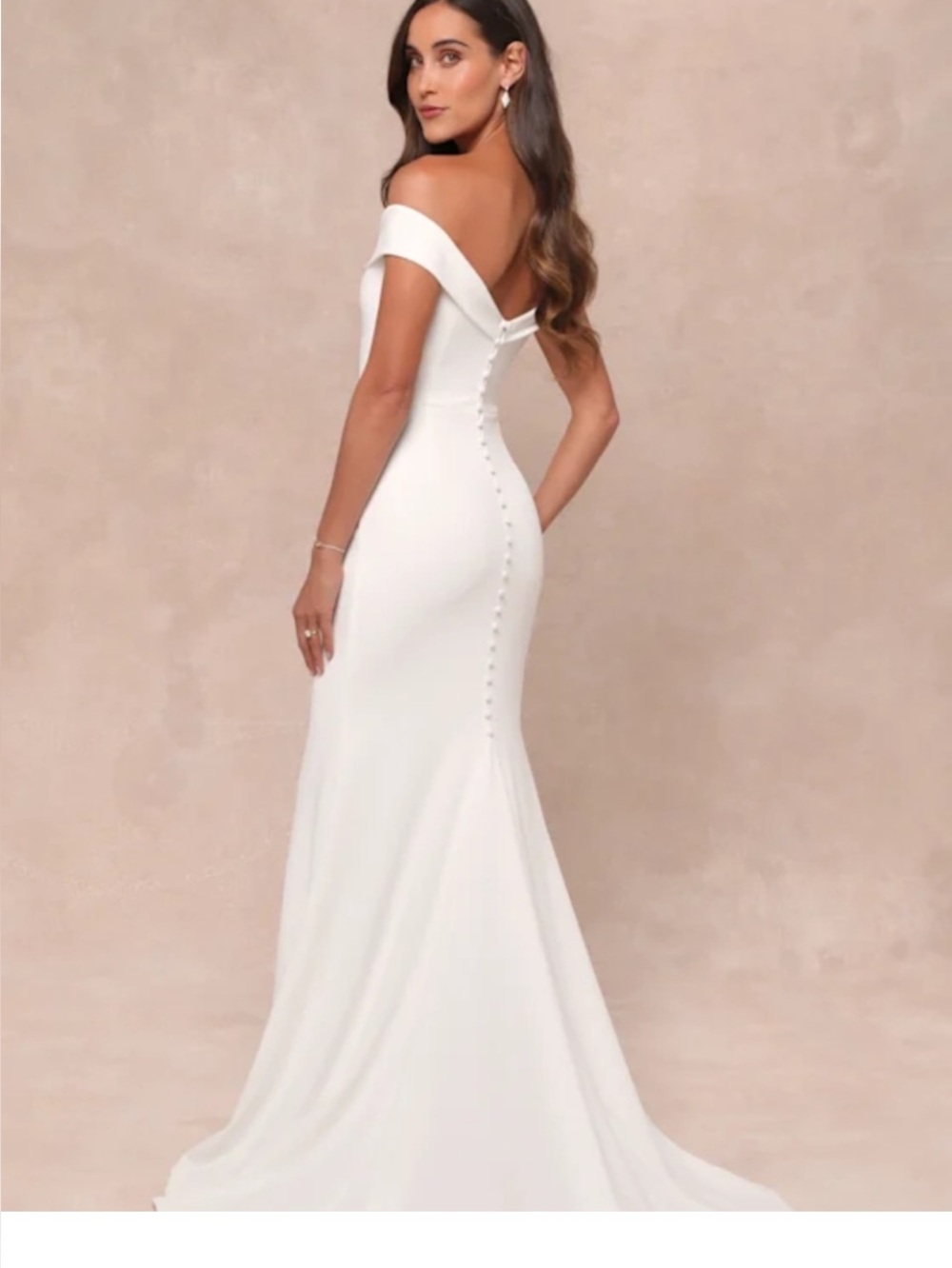 Lulu's Off-Shoulder White Wedding Dress with Button-Back Train